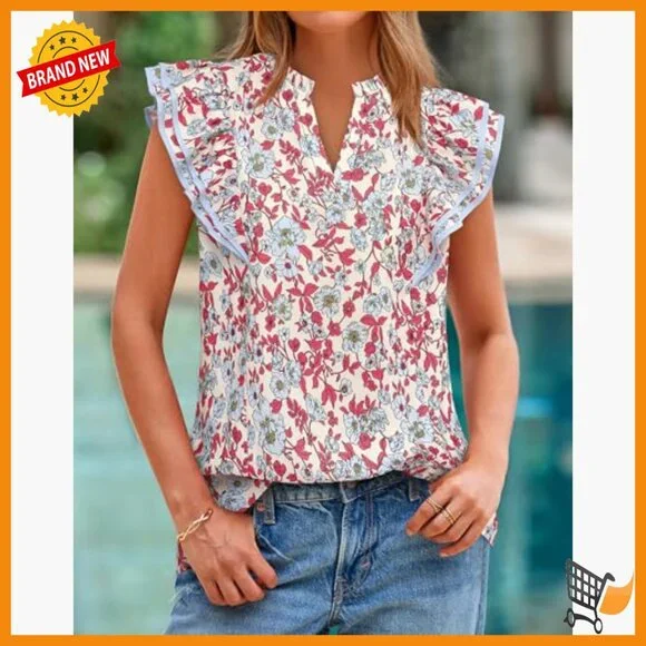 Lightweight Flowy Blouse V-Neck Cap Sleeve Ruffle Details Business Casual - Picture 2 of 7